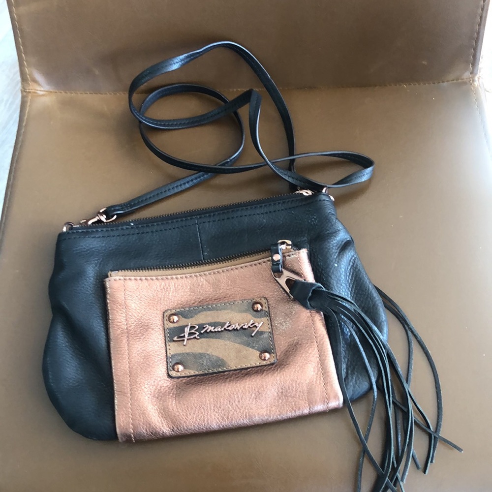 B. Makowsky leather cross body - black bronze and leopard lining-great shape